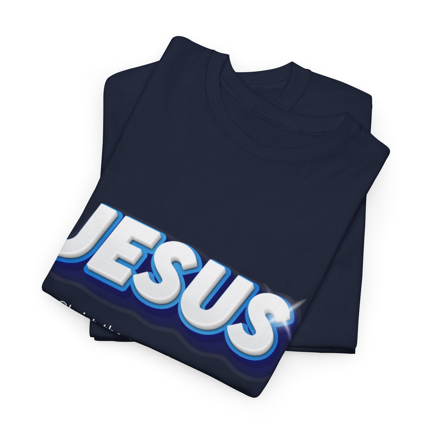 Black t-shirt with 'JESUS' printed in large, bold letters on a white background