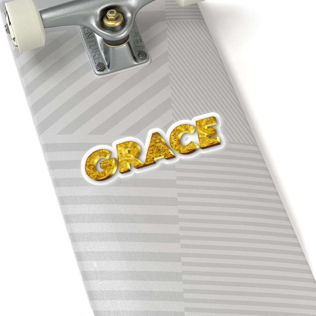 Skateboard with 'GRACE' sticker on a white background