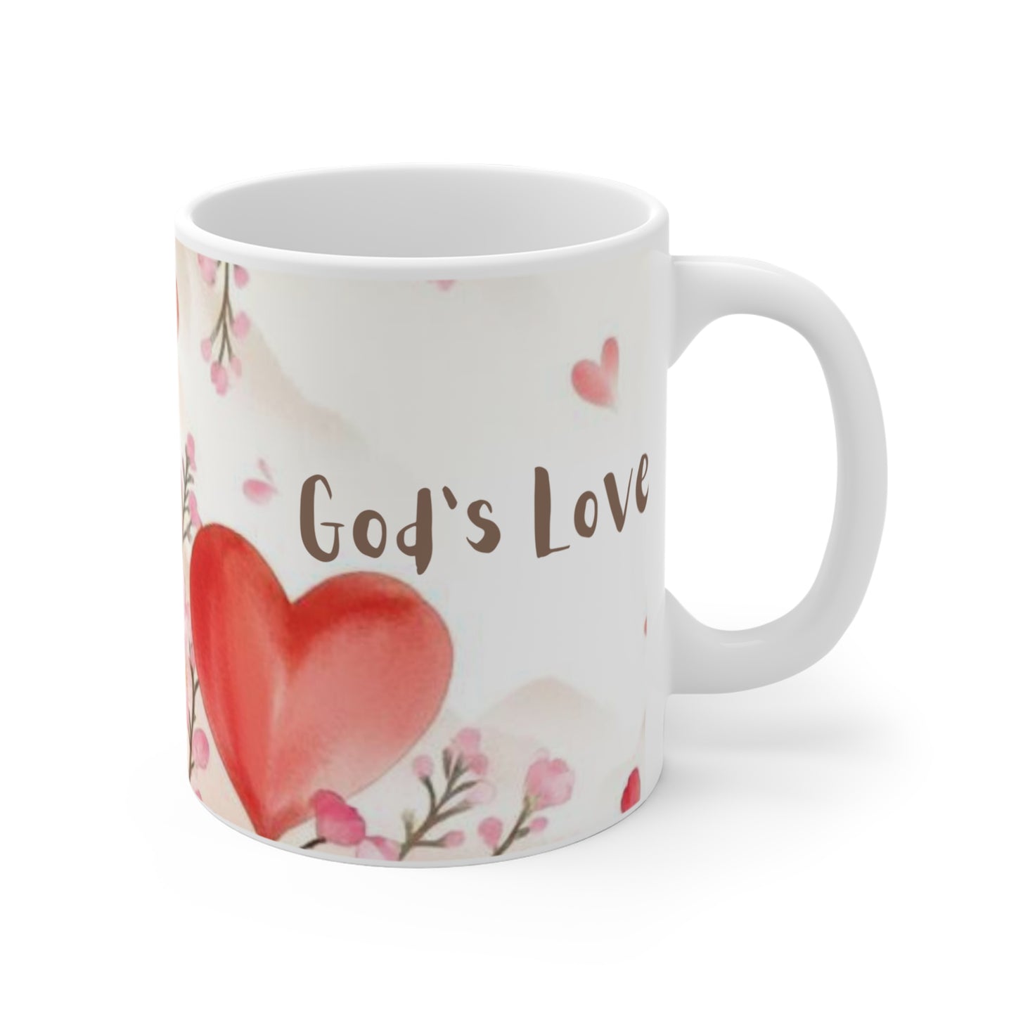 White mug with a red heart and 'God's Love' text on a white background