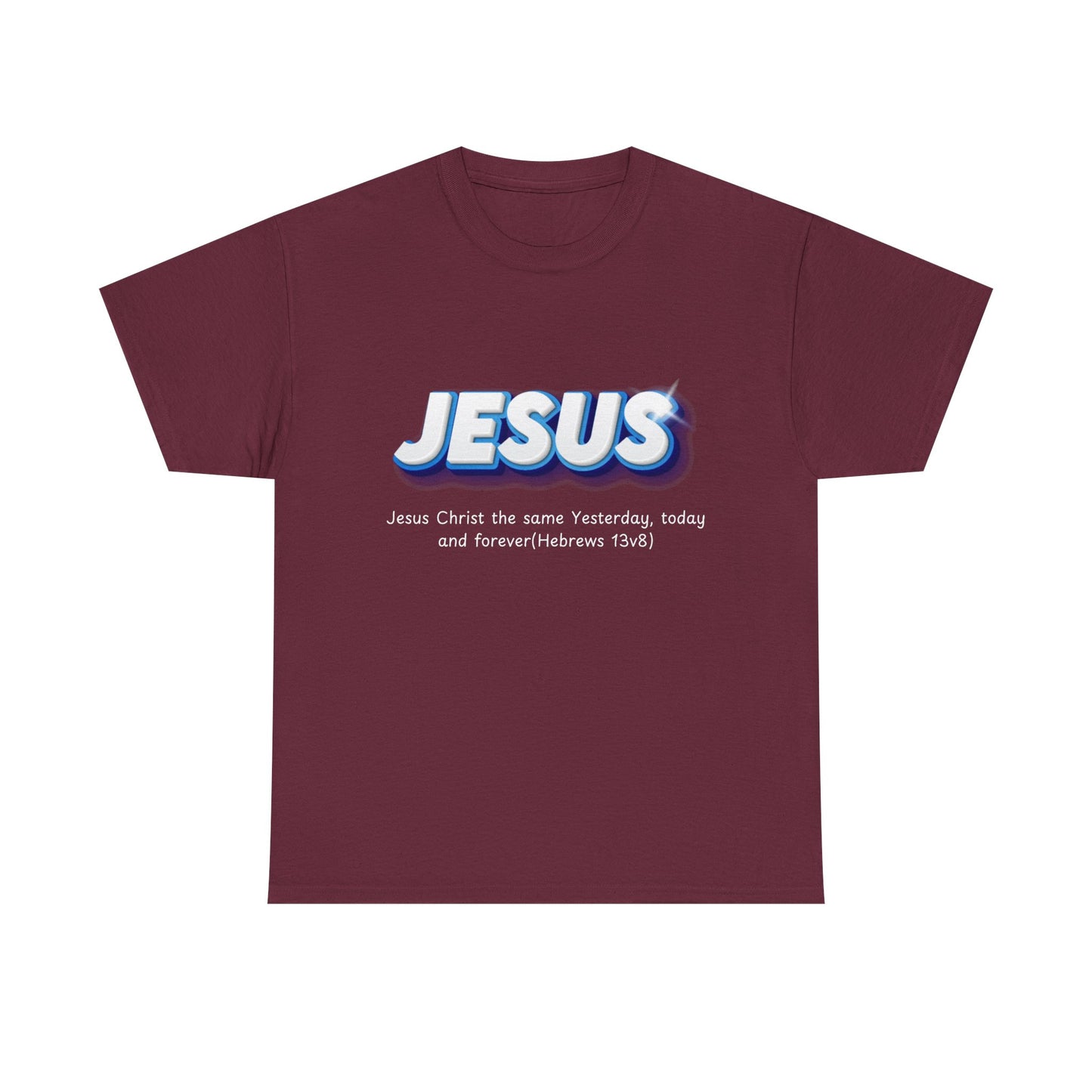Maroon t-shirt with 'JESUS' text on a white background