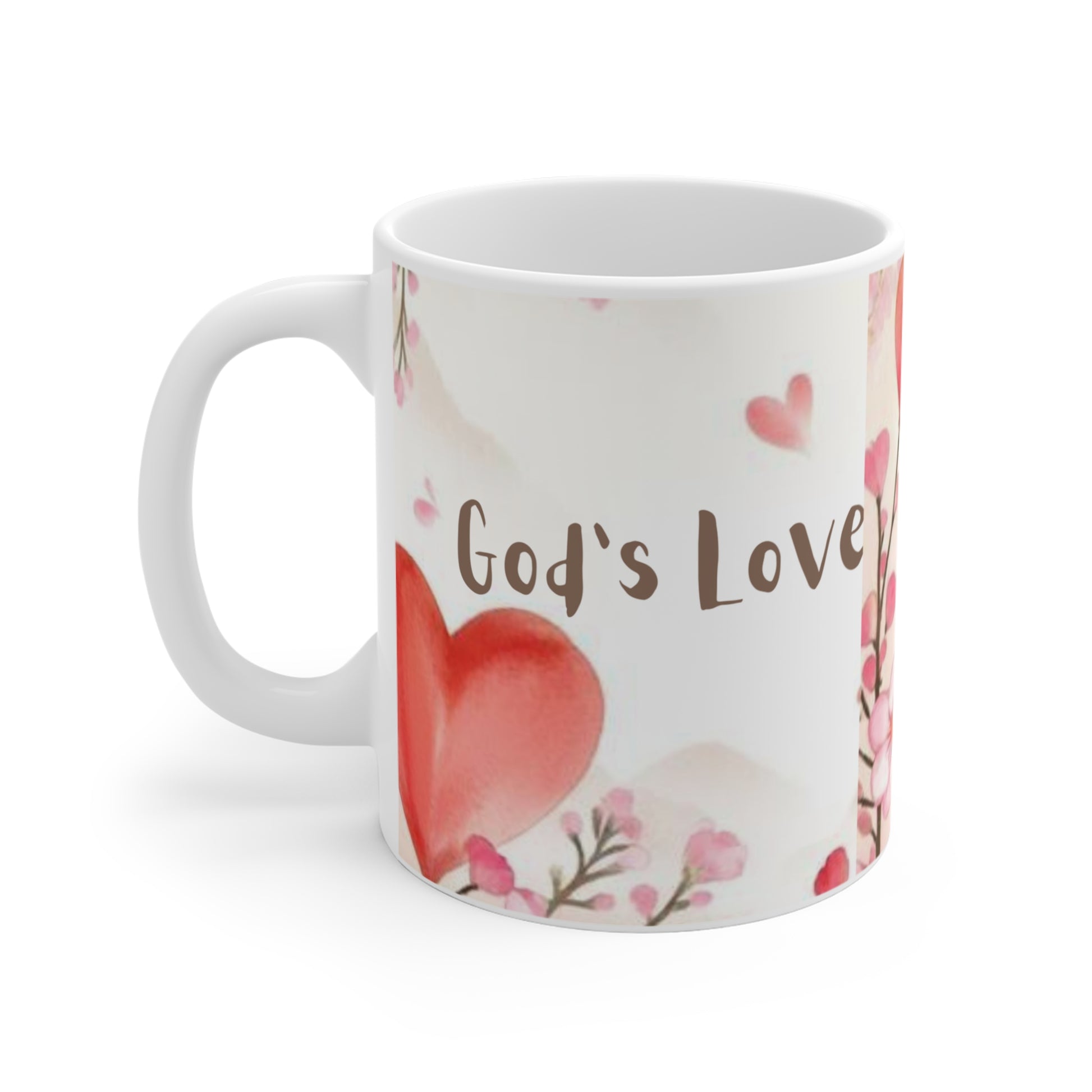 Mug with 'God's Love' text and heart design on a white background