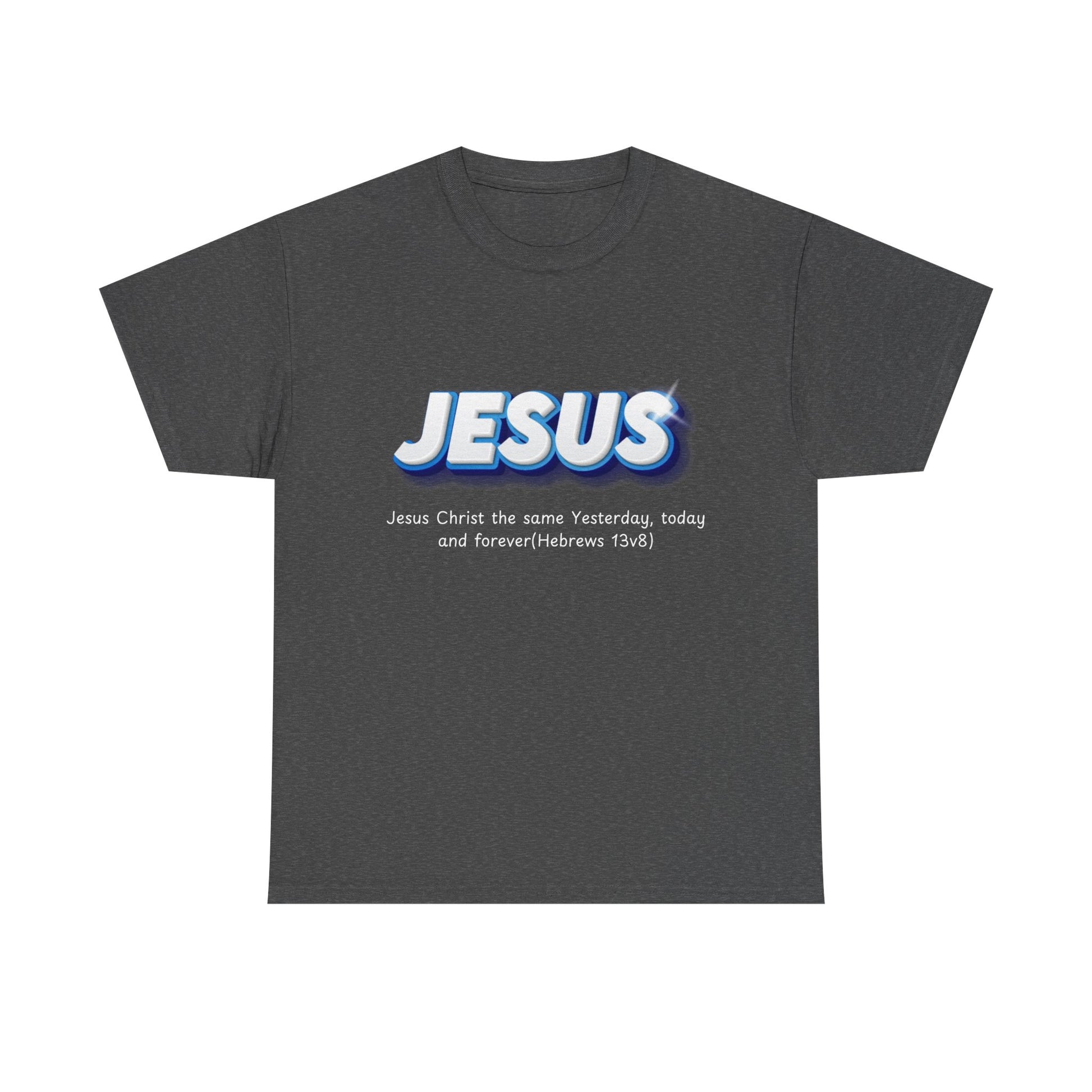 Dark gray t-shirt with 'JESUS' text design on a white background