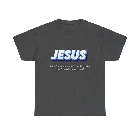 Dark gray t-shirt with 'JESUS' text design on a white background