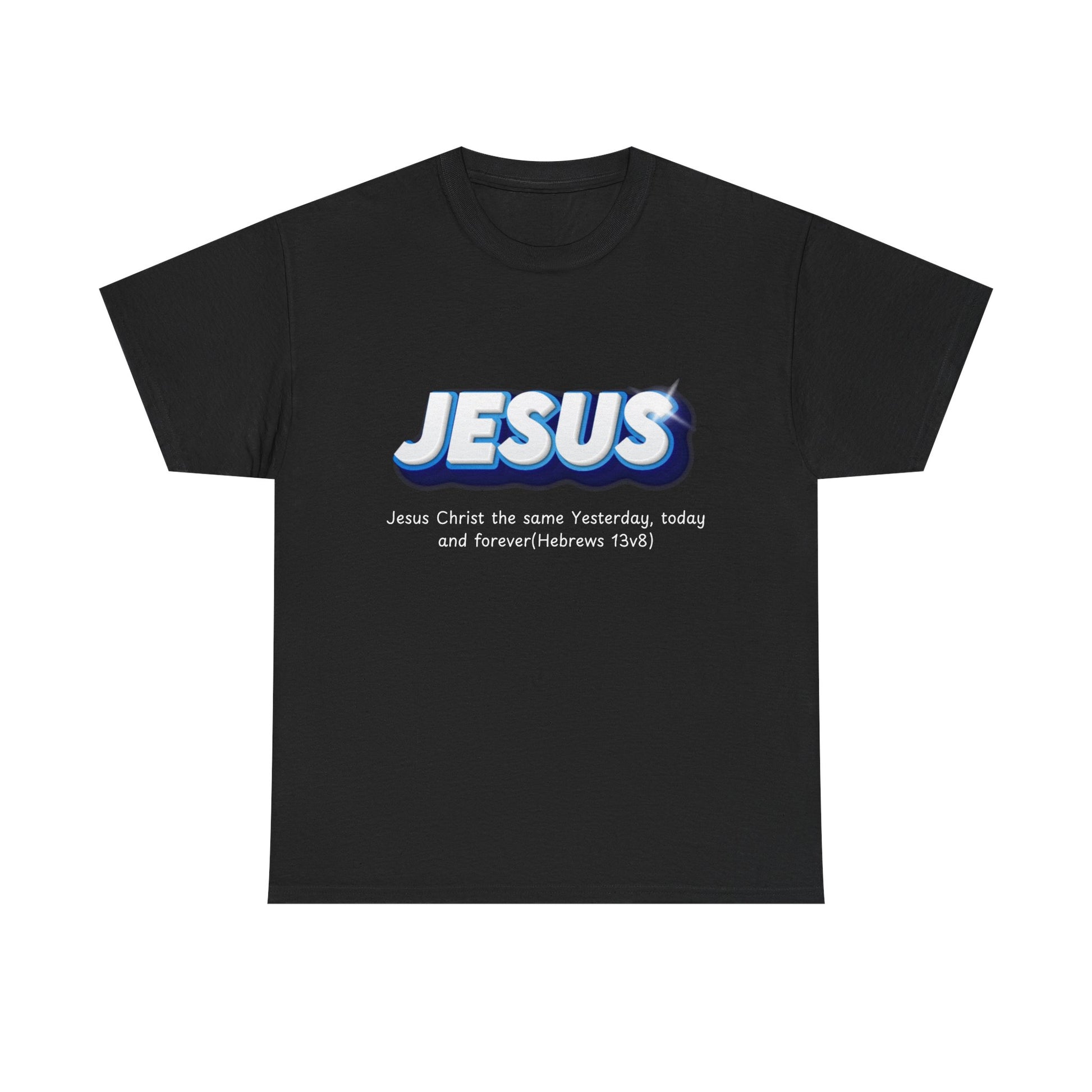 Black t-shirt with 'JESUS' text design on a white background