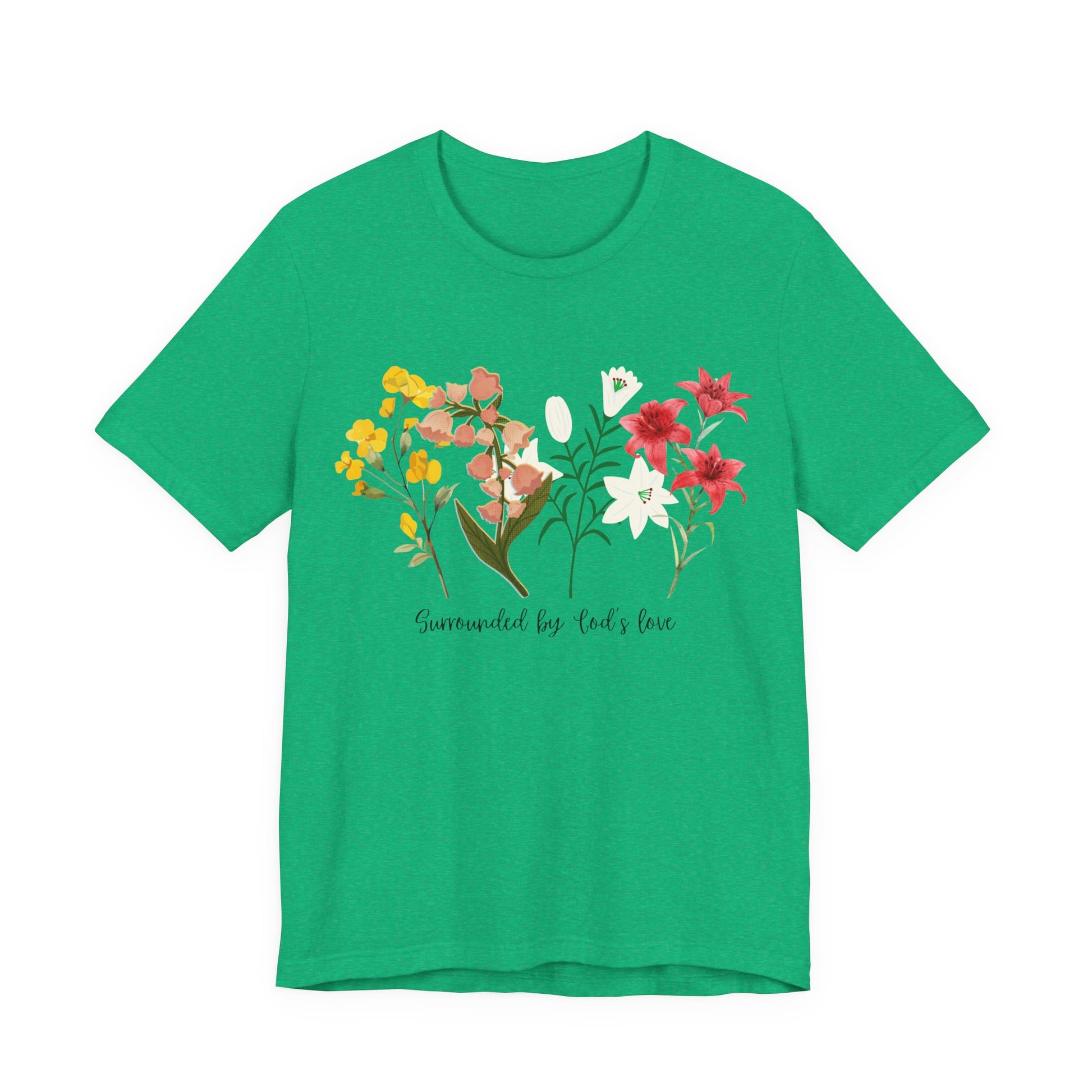 Green t-shirt with floral design on a white background