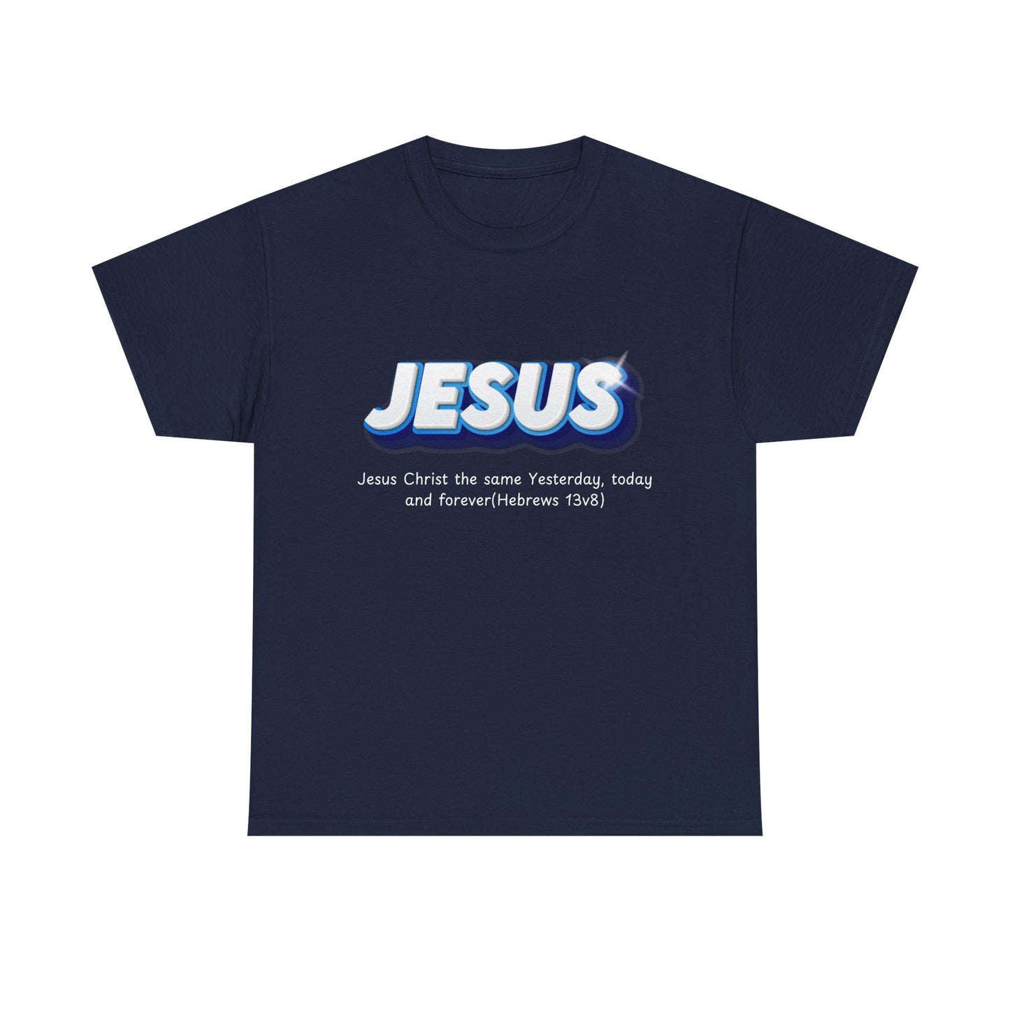 Navy blue t-shirt with 'JESUS' text on a white background
