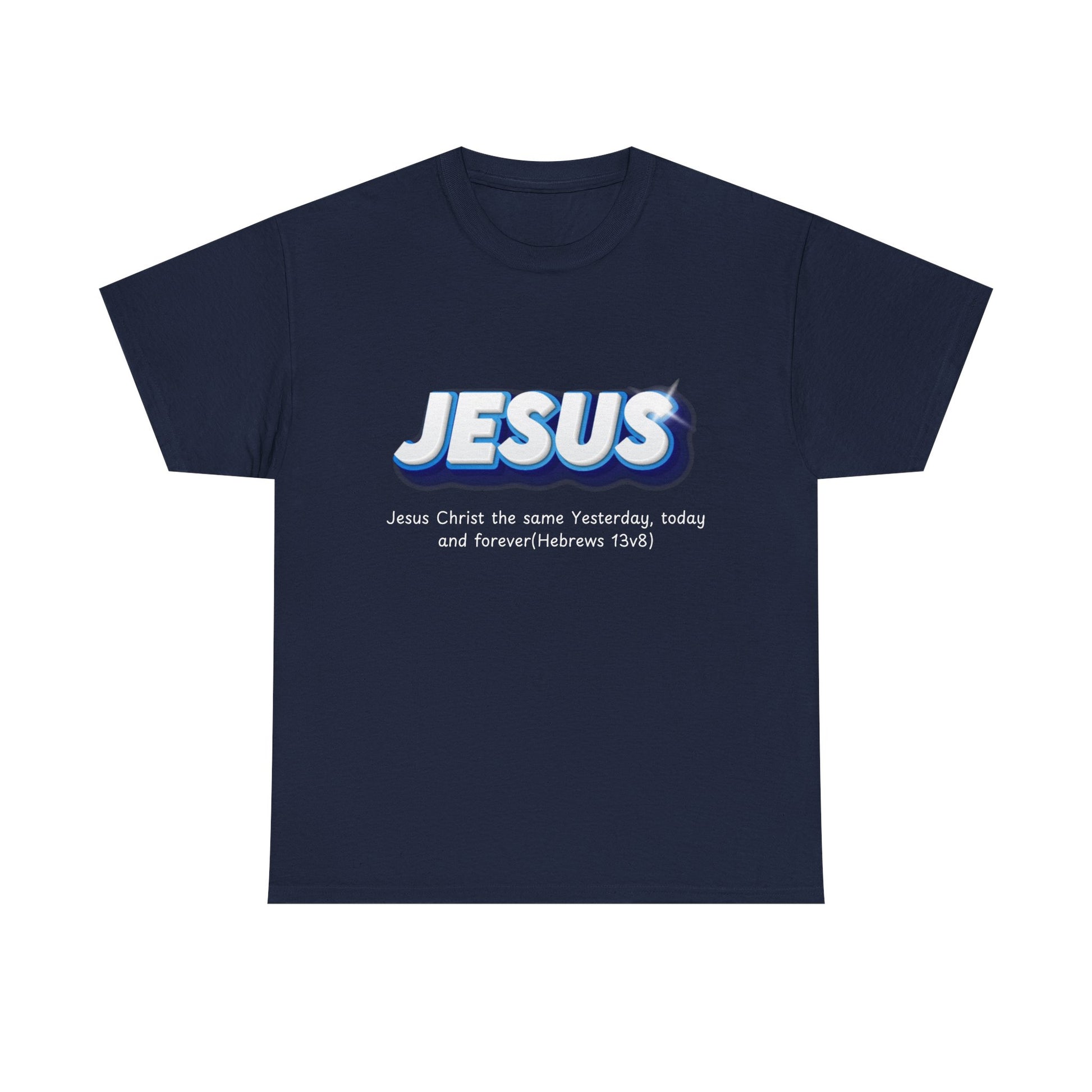Navy blue t-shirt with 'JESUS' text on a white background