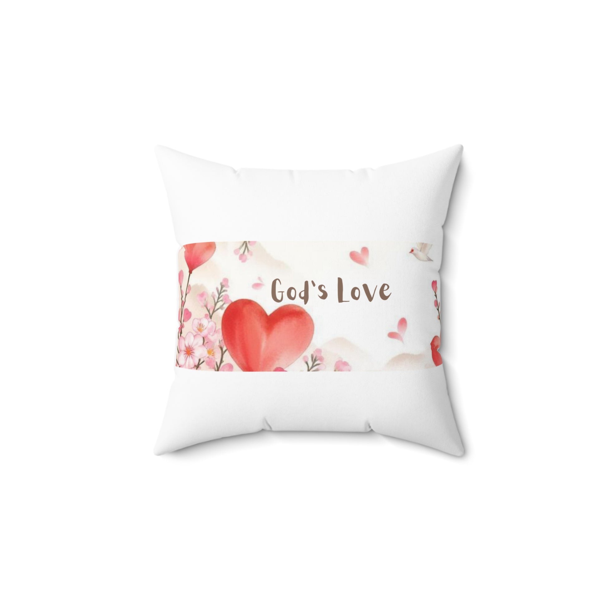Decorative pillow with a heart design and 'God's Love' text on a white background