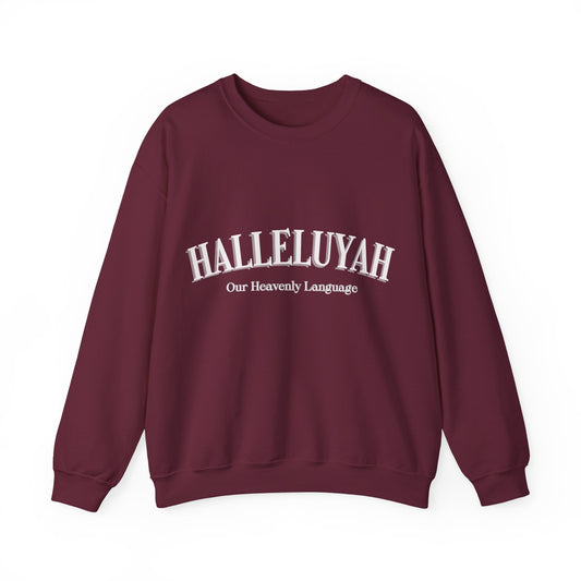 Maroon sweatshirt with 'HALLELUYAH Our Heavenly Language' text on a white background