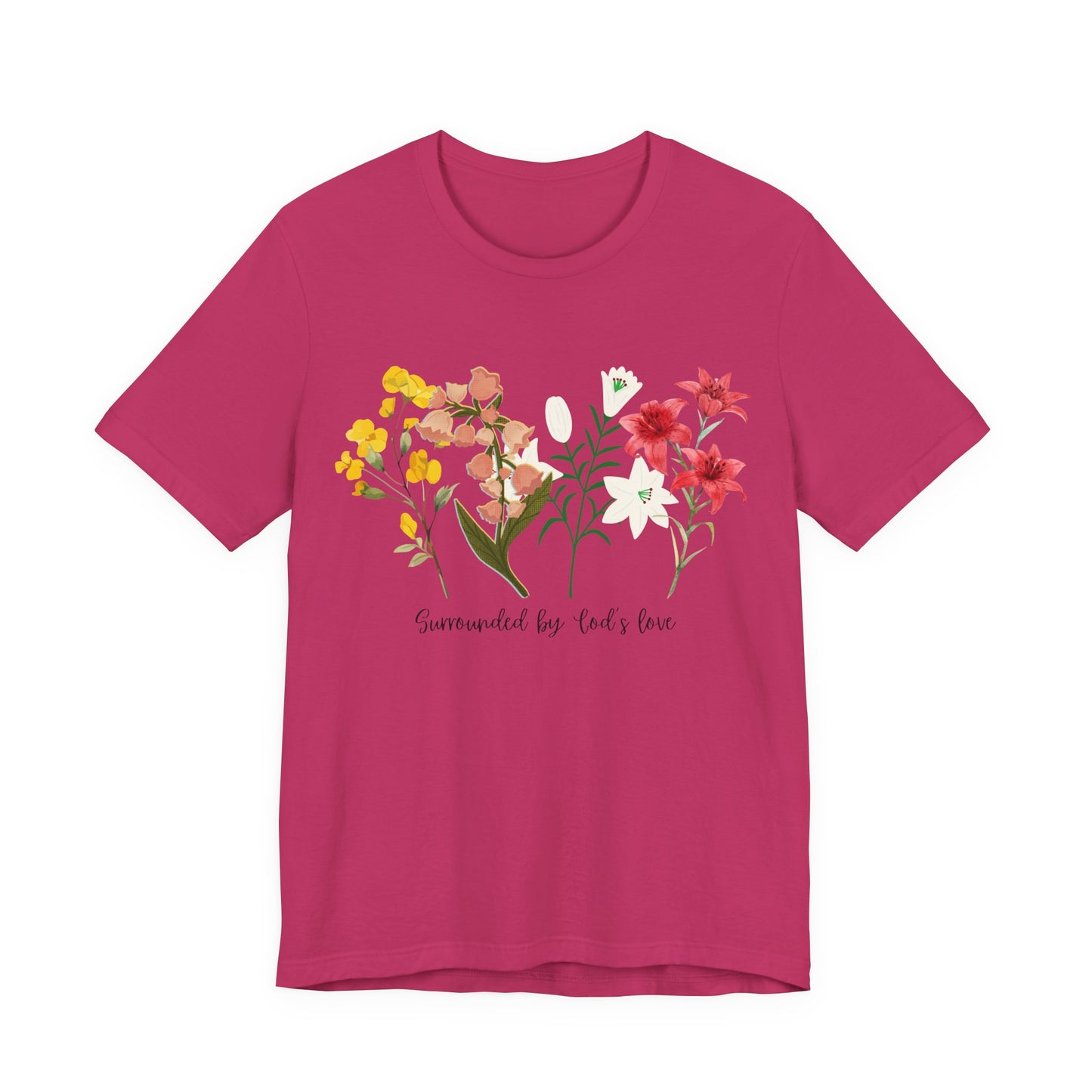 Pink t-shirt with floral design and text on a white background