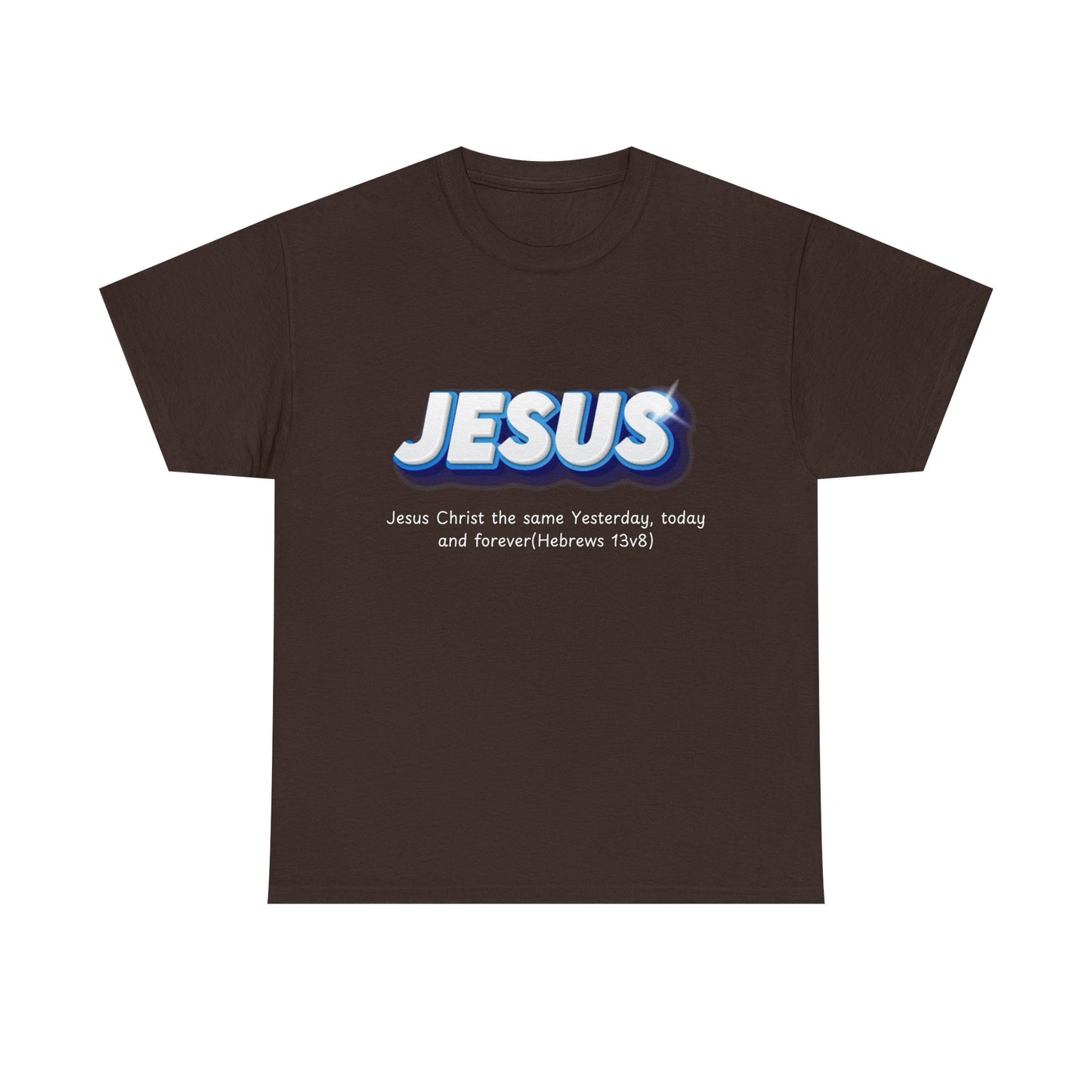 Brown t-shirt with 'JESUS' text design on a white background