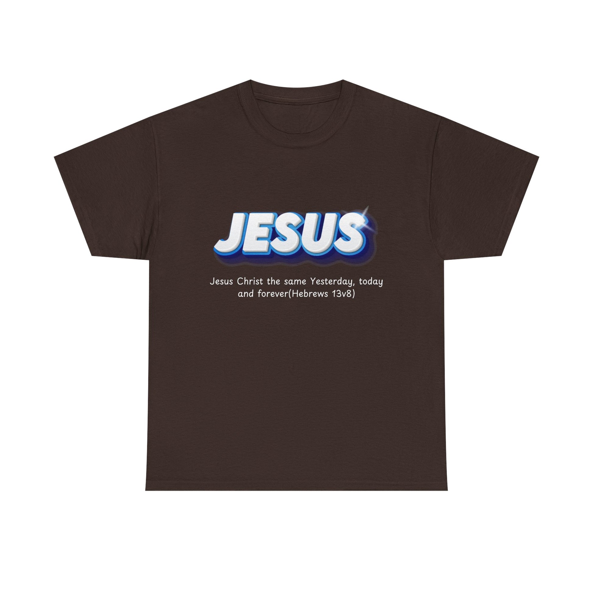 Brown t-shirt with 'JESUS' text design on a white background