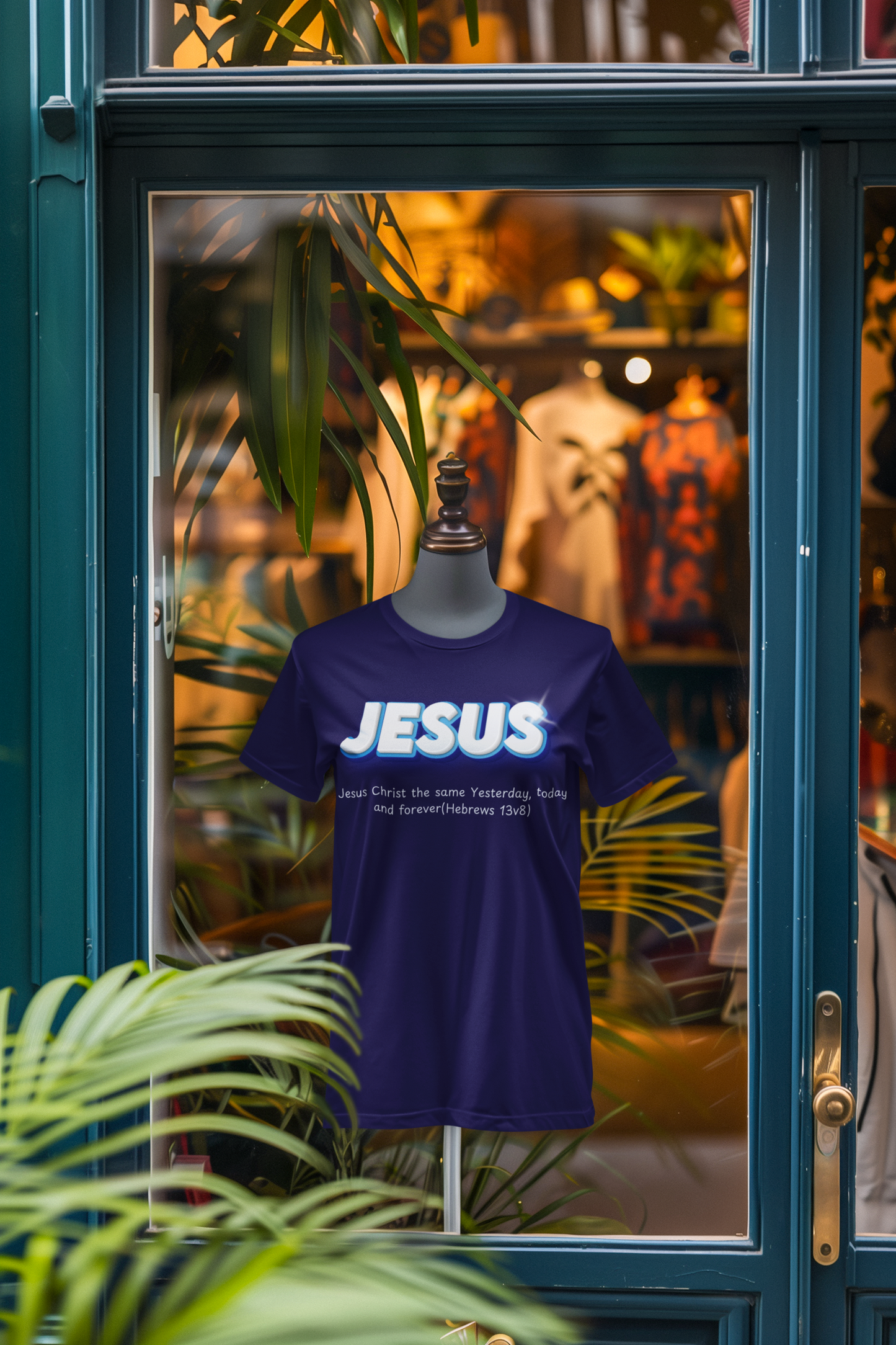Purple t-shirt with 'JESUS' printed on it hanging in front of a store window.